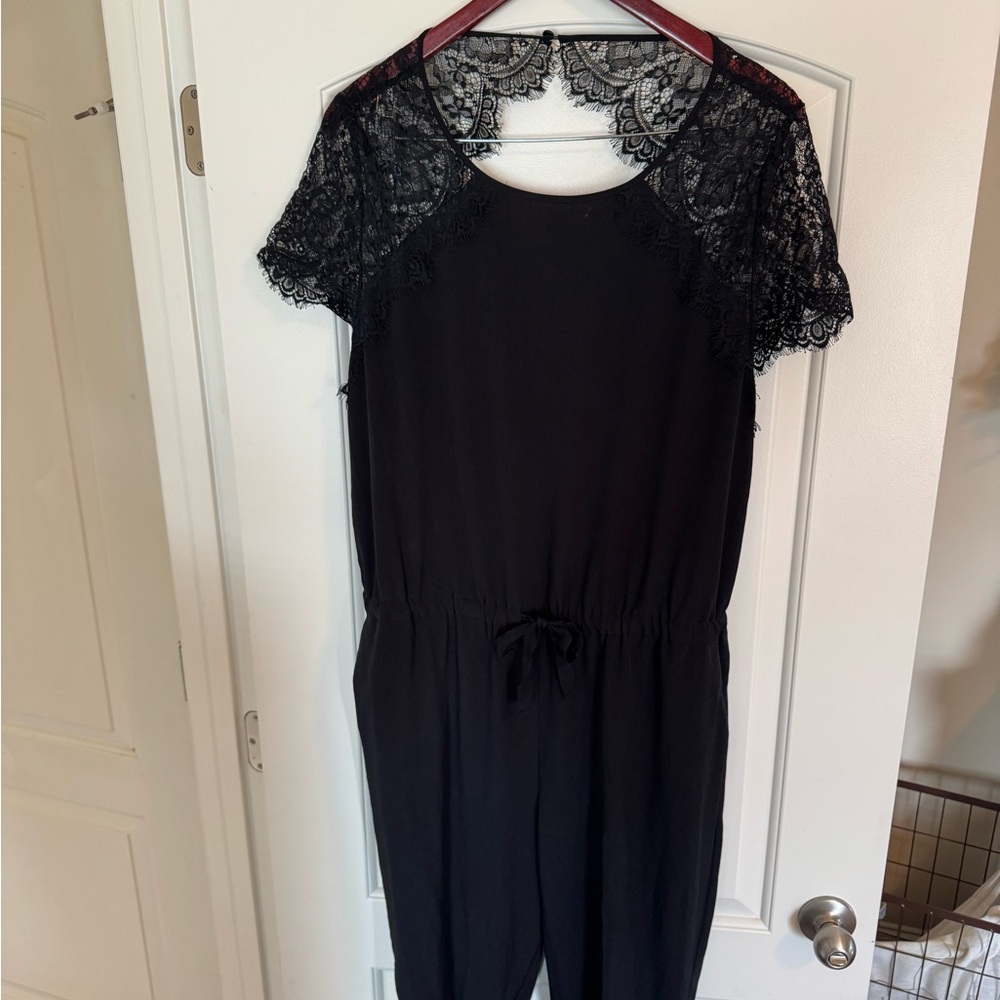 LOFT Black Lace-Shoulder Jumpsuit